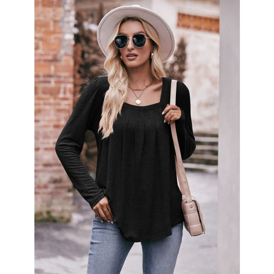 Pleated Detail Curved Hem Long Sleeve Top Black / S