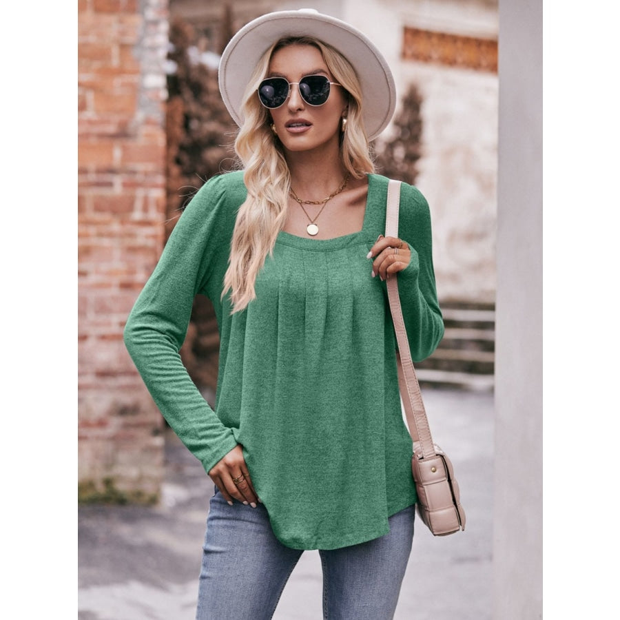 Pleated Detail Curved Hem Long Sleeve Top Mid Green / S