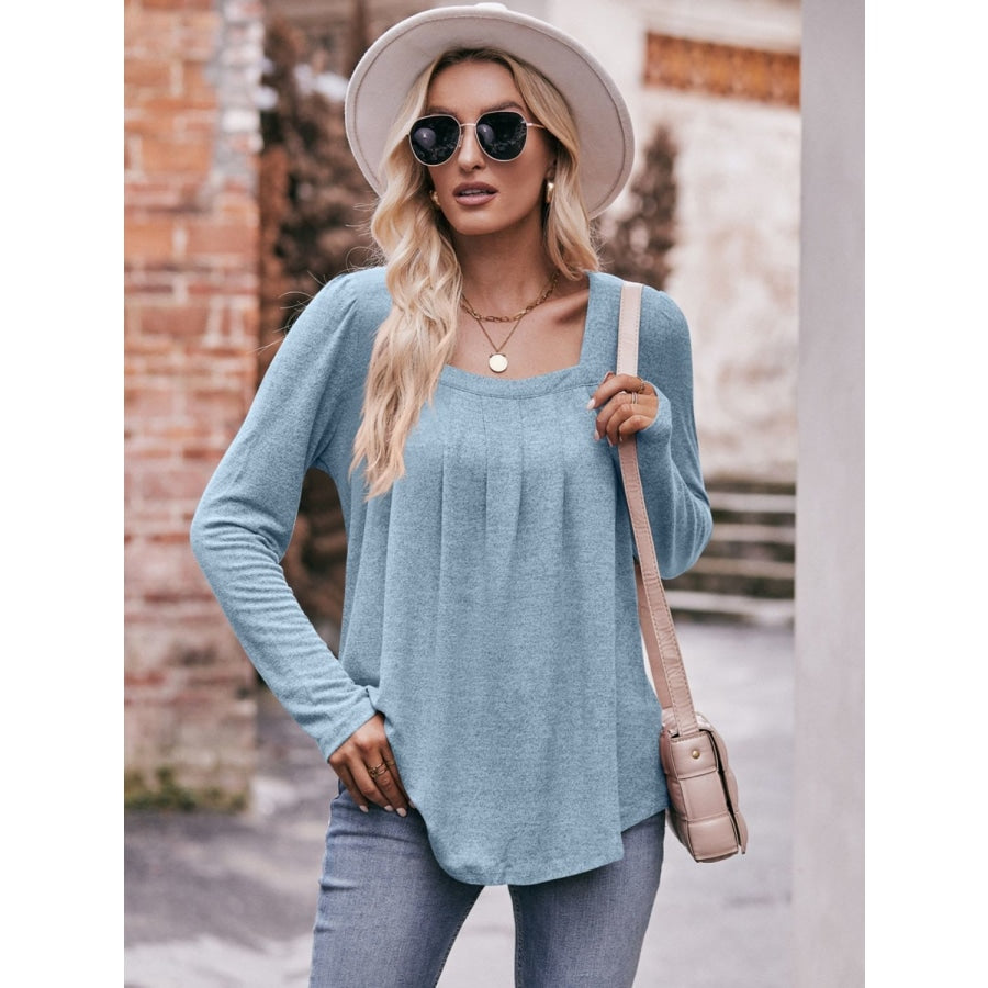 Pleated Detail Curved Hem Long Sleeve Top Pastel Blue / S