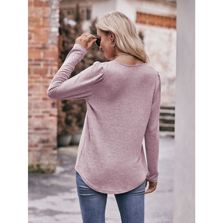 Pleated Detail Curved Hem Long Sleeve Top