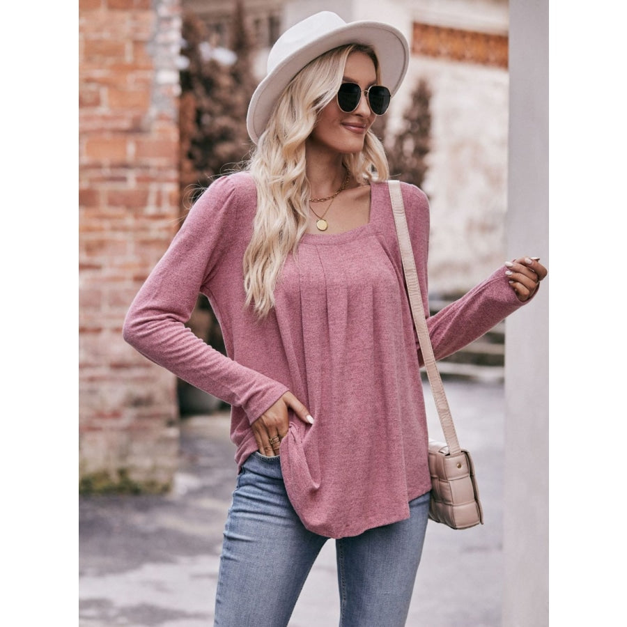 Pleated Detail Curved Hem Long Sleeve Top