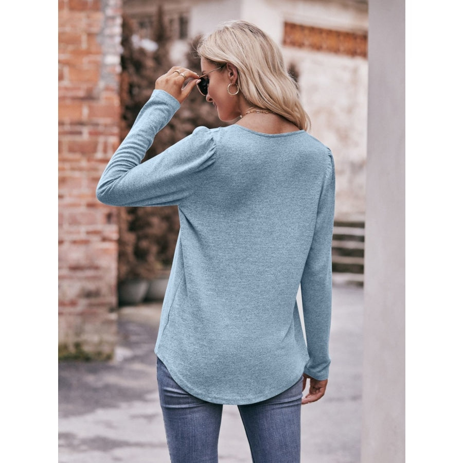 Pleated Detail Curved Hem Long Sleeve Top