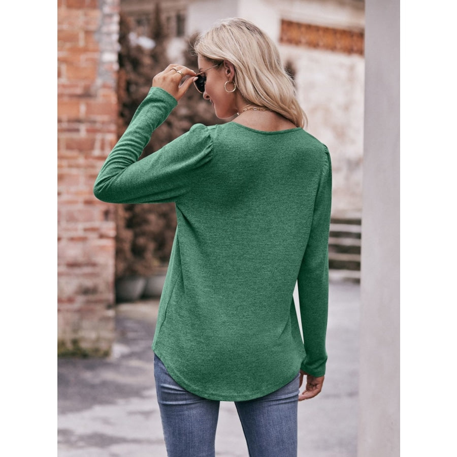 Pleated Detail Curved Hem Long Sleeve Top