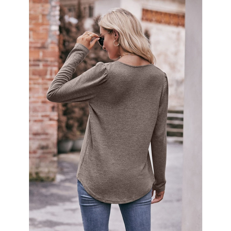 Pleated Detail Curved Hem Long Sleeve Top