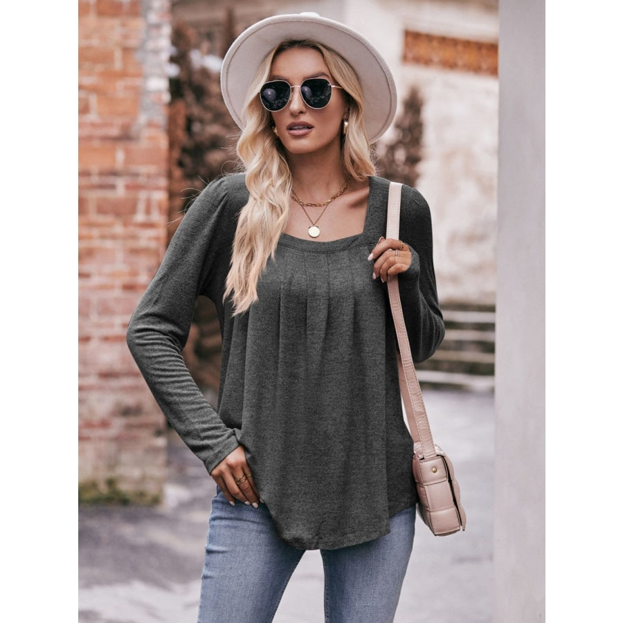 Pleated Detail Curved Hem Long Sleeve Top