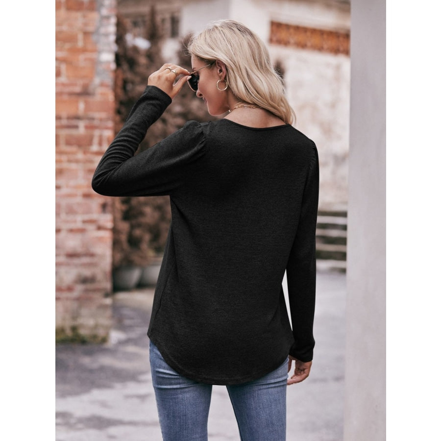 Pleated Detail Curved Hem Long Sleeve Top