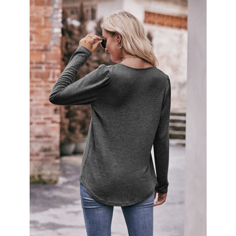 Pleated Detail Curved Hem Long Sleeve Top