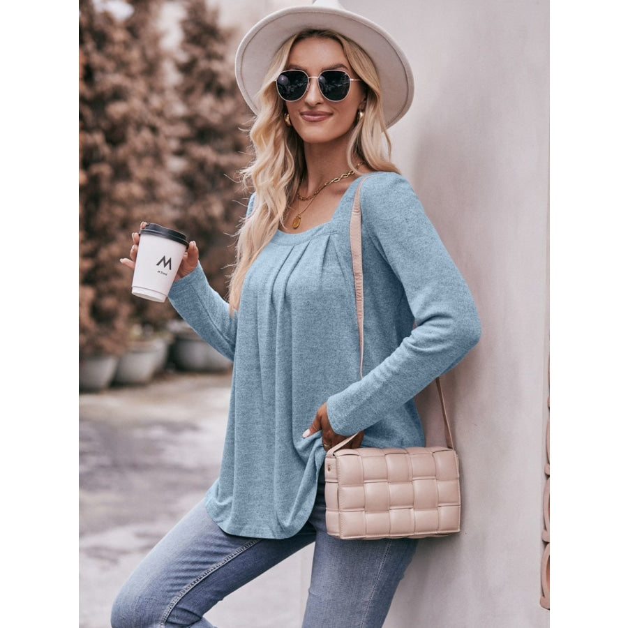 Pleated Detail Curved Hem Long Sleeve Top