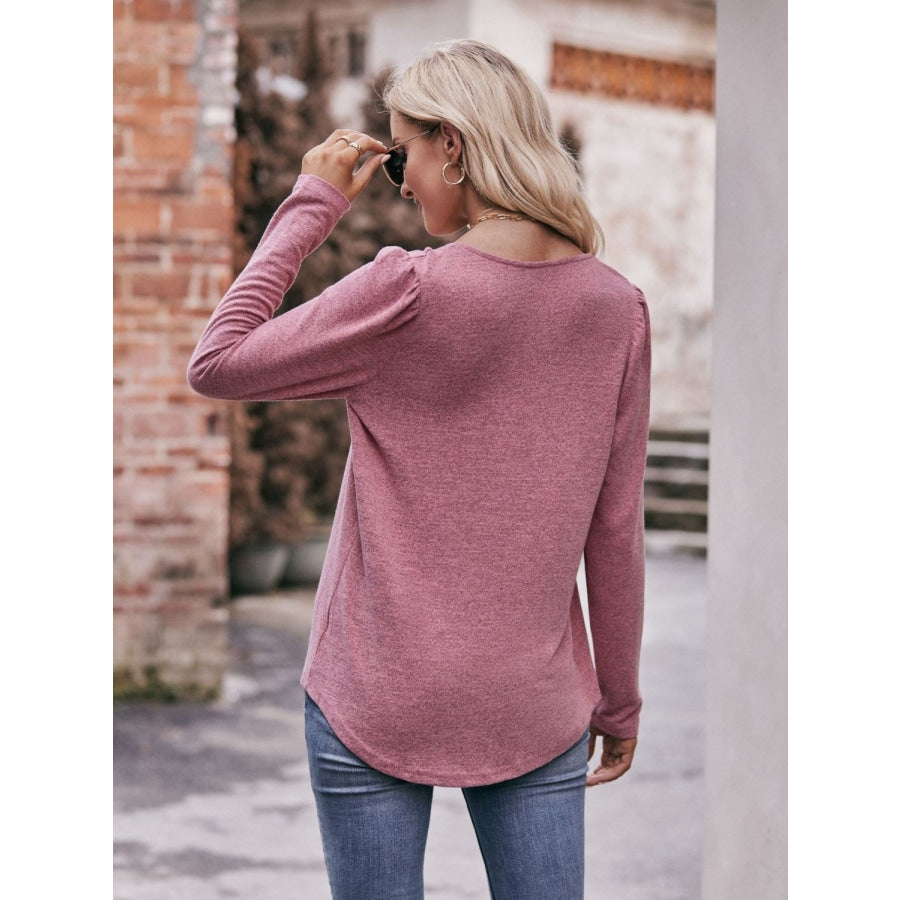 Pleated Detail Curved Hem Long Sleeve Top