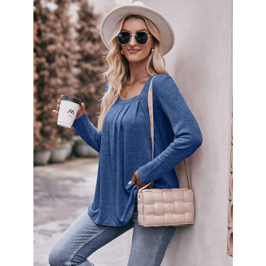 Pleated Detail Curved Hem Long Sleeve Top