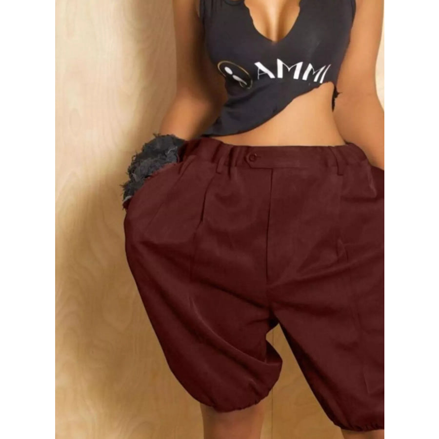 Pleated Detail High Waist Shorts Burgundy / S Apparel and Accessories