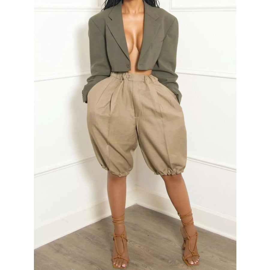 Pleated Detail High Waist Shorts Khaki / S Apparel and Accessories