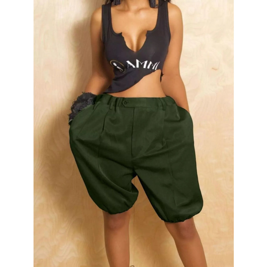Pleated Detail High Waist Shorts Military Green / S Apparel and Accessories