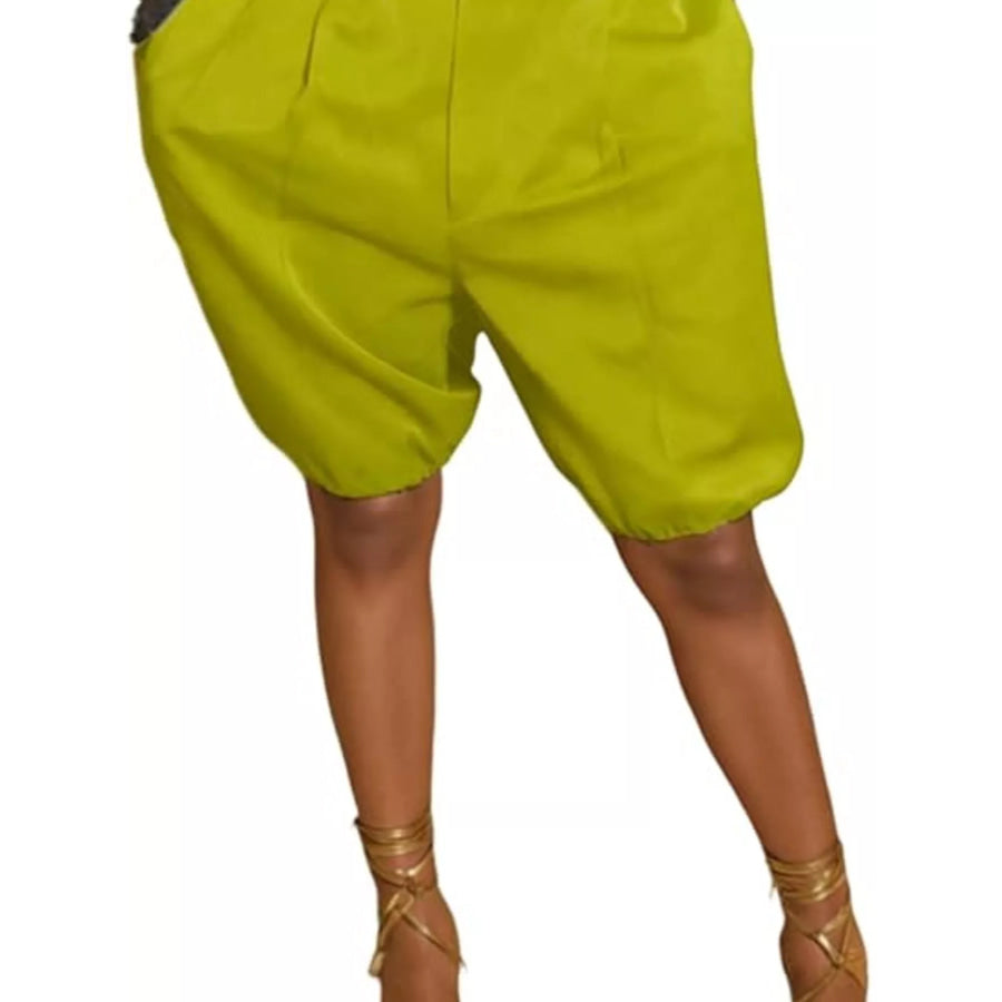 Pleated Detail High Waist Shorts Yellow Green / S Apparel and Accessories