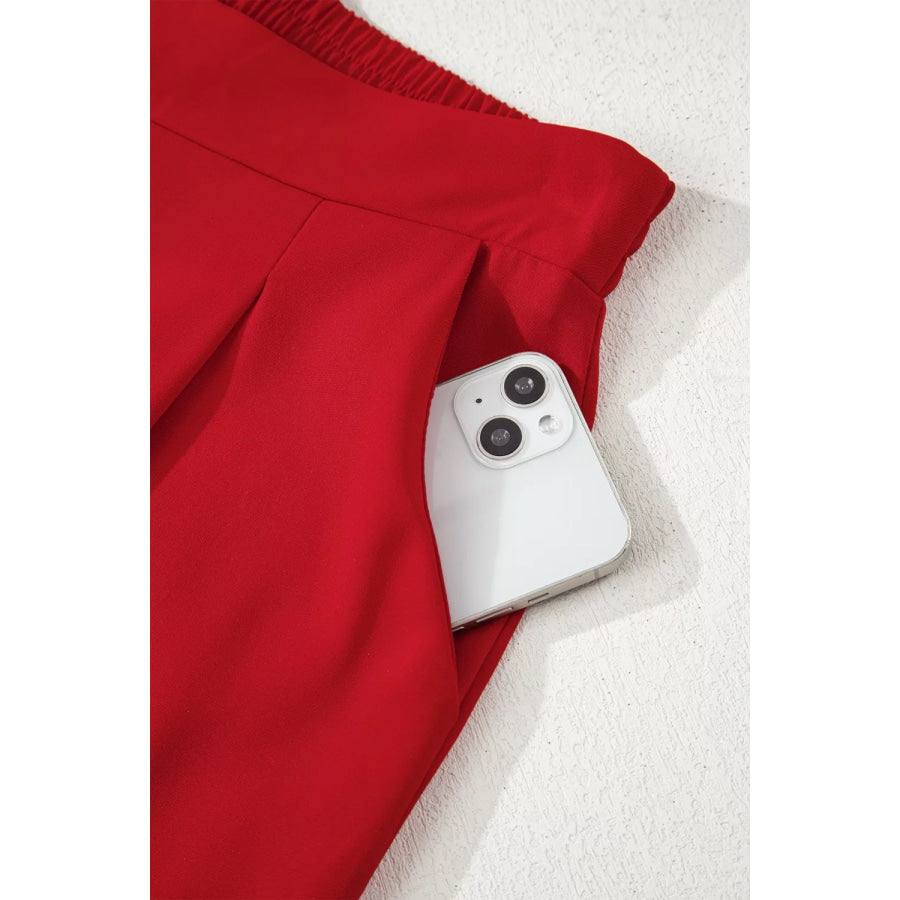 Pleated Detail Pull On High Elastic Waist Loose Straight Pants Apparel and Accessories