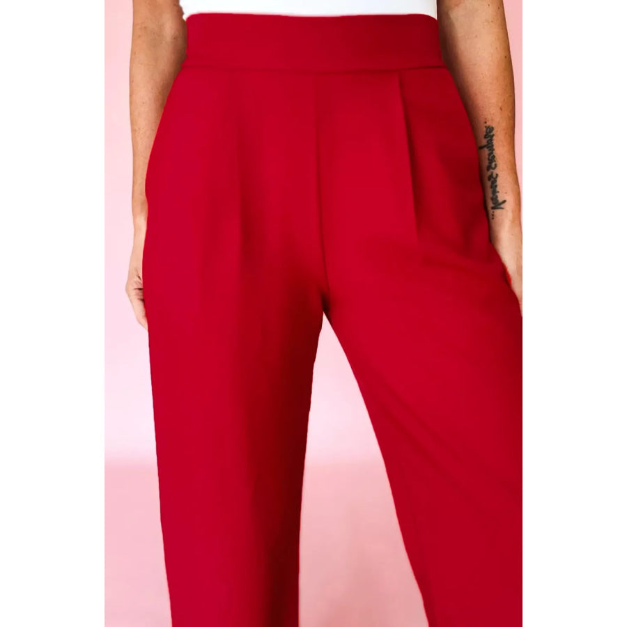 Pleated Detail Pull On High Elastic Waist Loose Straight Pants Apparel and Accessories