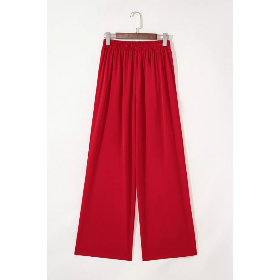 Pleated Detail Pull On High Elastic Waist Loose Straight Pants Apparel and Accessories