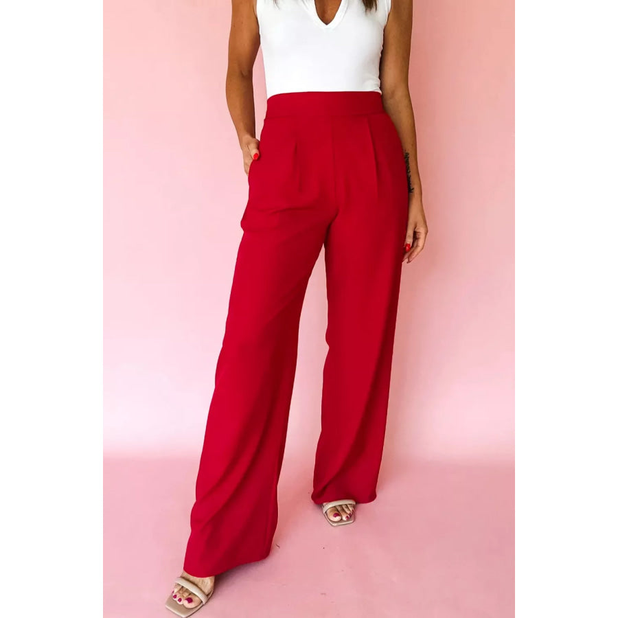 Pleated Detail Pull On High Elastic Waist Loose Straight Pants Apparel and Accessories