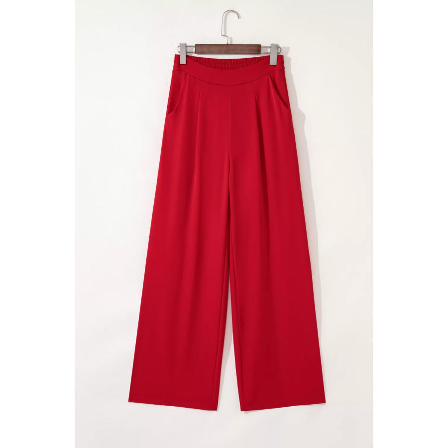 Pleated Detail Pull On High Elastic Waist Loose Straight Pants Apparel and Accessories