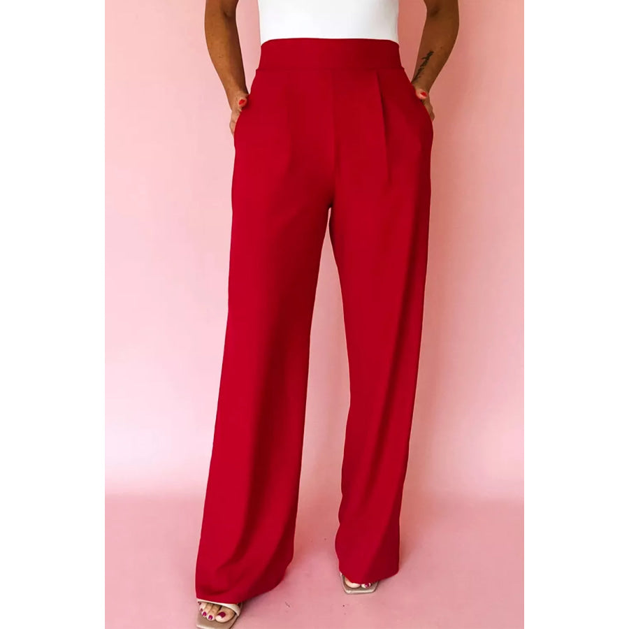 Pleated Detail Pull On High Elastic Waist Loose Straight Pants Rust / S Apparel and Accessories
