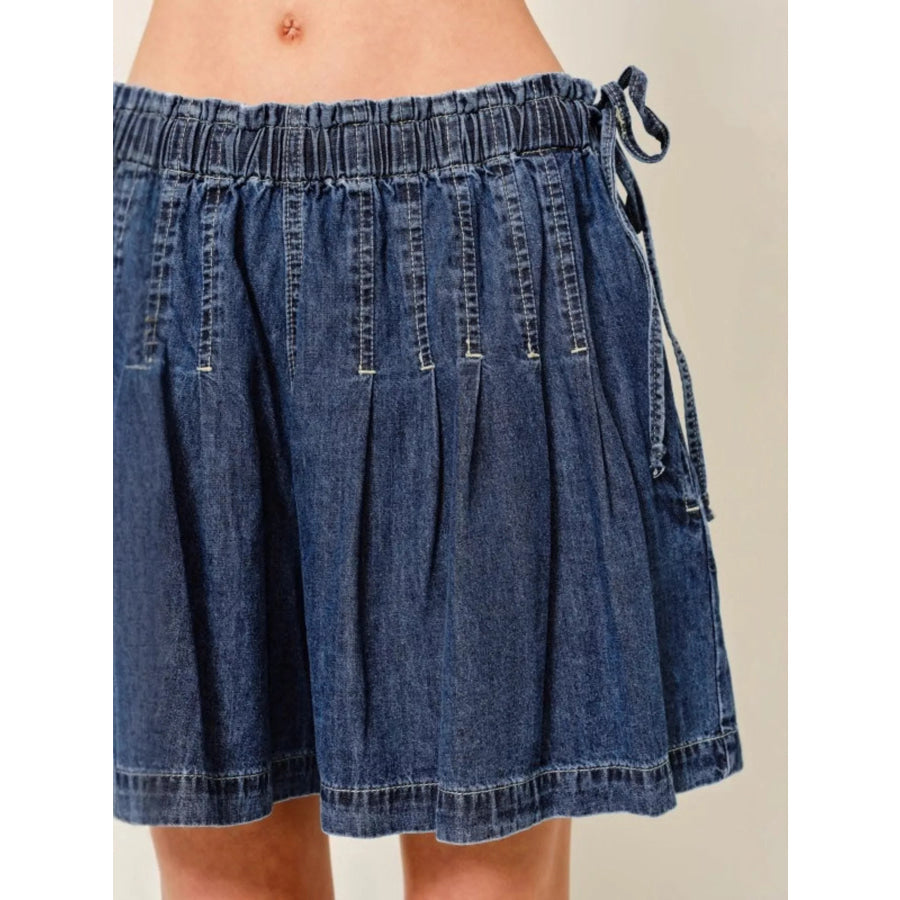 Pleated Elastic Waist Denim Shorts Dark Blue / S Apparel and Accessories