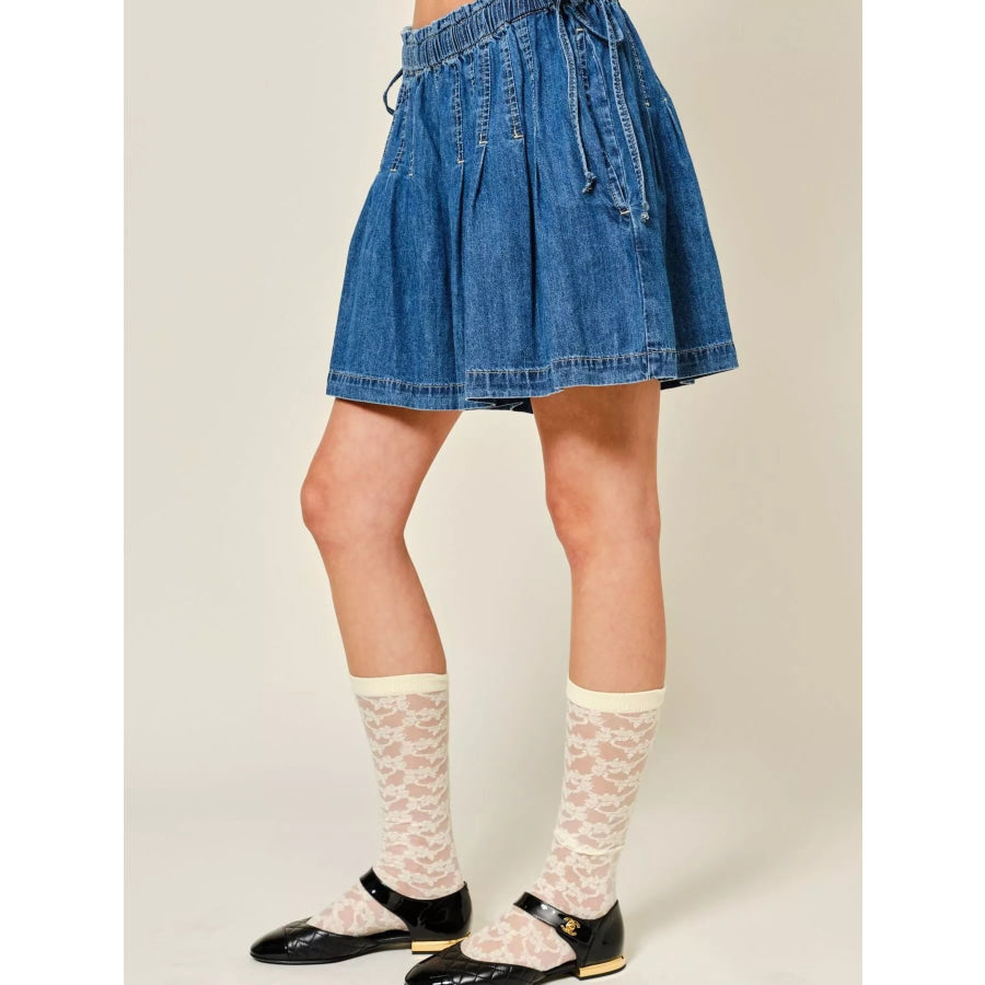 Pleated Elastic Waist Denim Shorts Apparel and Accessories