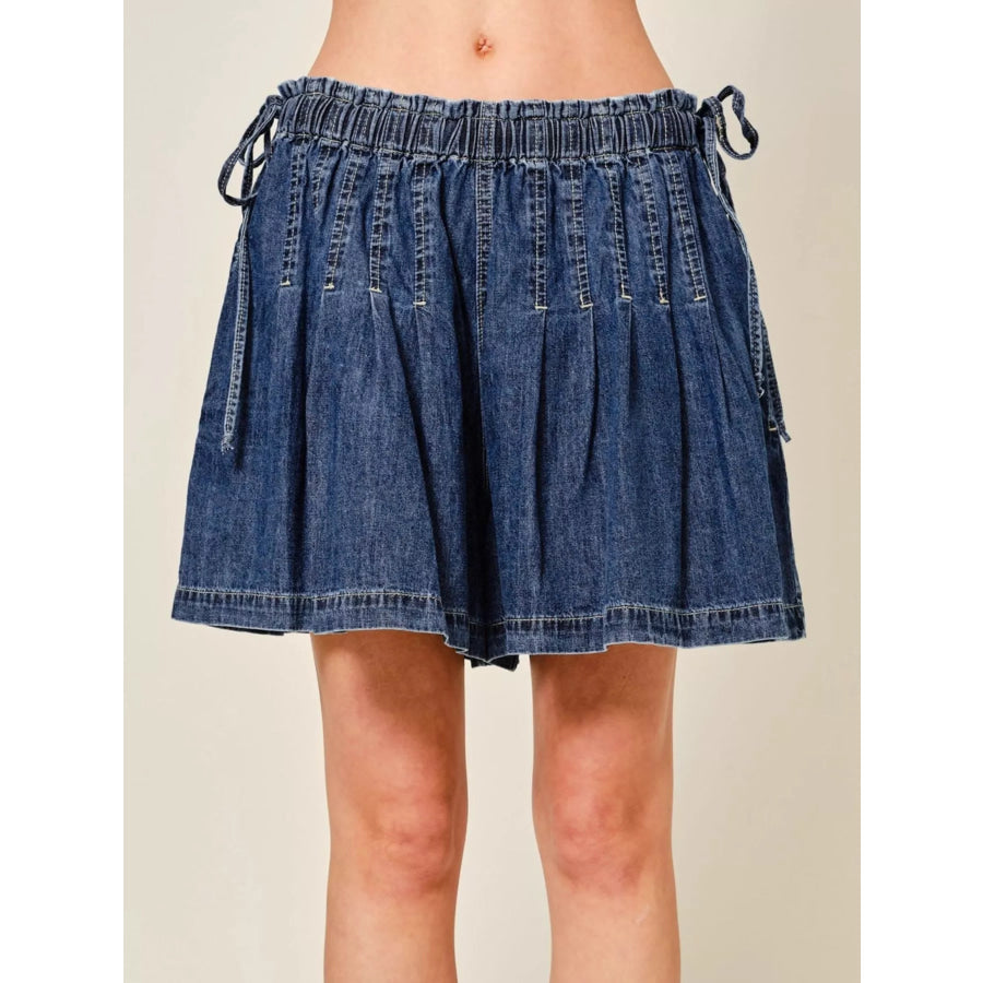 Pleated Elastic Waist Denim Shorts Apparel and Accessories