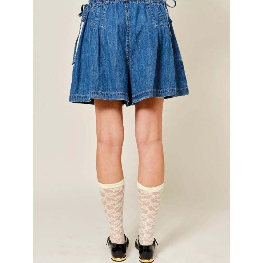 Pleated Elastic Waist Denim Shorts Apparel and Accessories