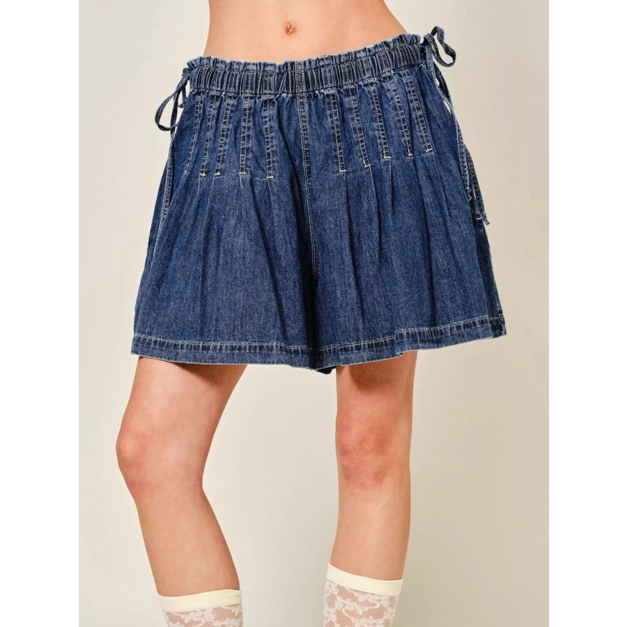 Pleated Elastic Waist Denim Shorts Apparel and Accessories
