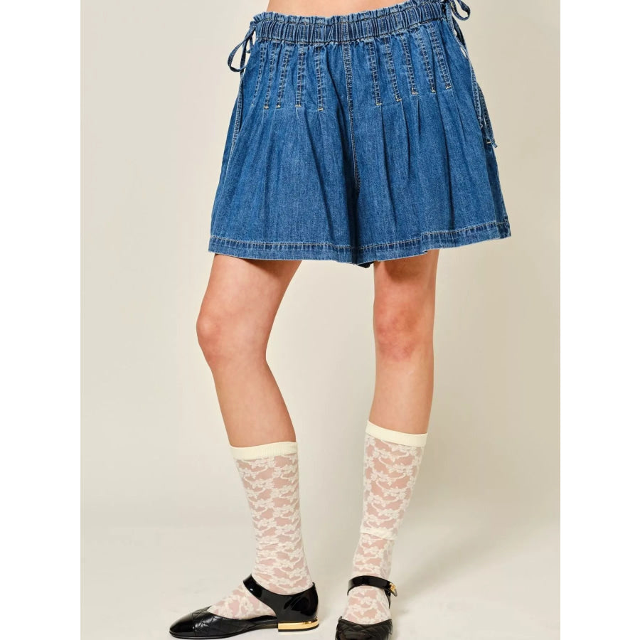 Pleated Elastic Waist Denim Shorts Apparel and Accessories