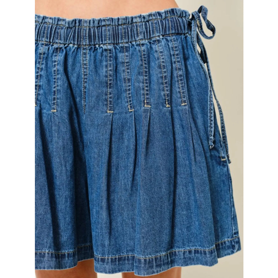 Pleated Elastic Waist Denim Shorts Apparel and Accessories
