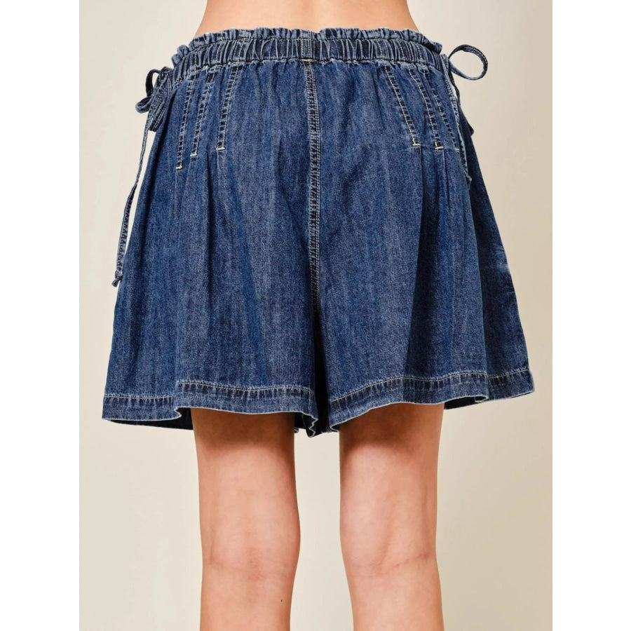 Pleated Elastic Waist Denim Shorts Apparel and Accessories