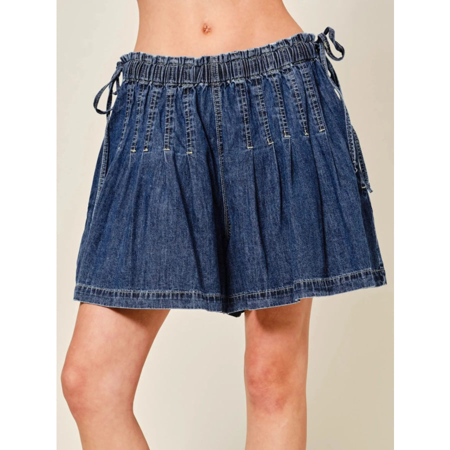 Pleated Elastic Waist Denim Shorts Dark Blue / S Apparel and Accessories