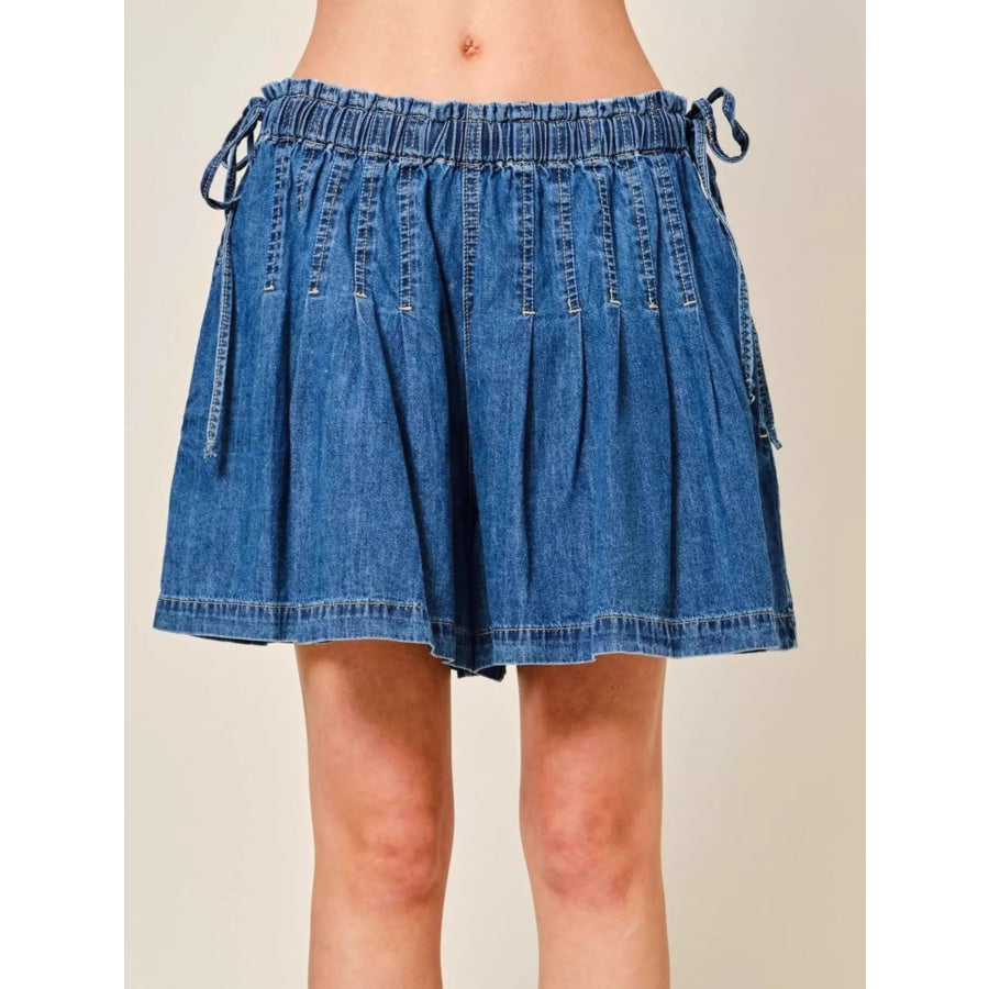 Pleated Elastic Waist Denim Shorts Medium Blue / S Apparel and Accessories