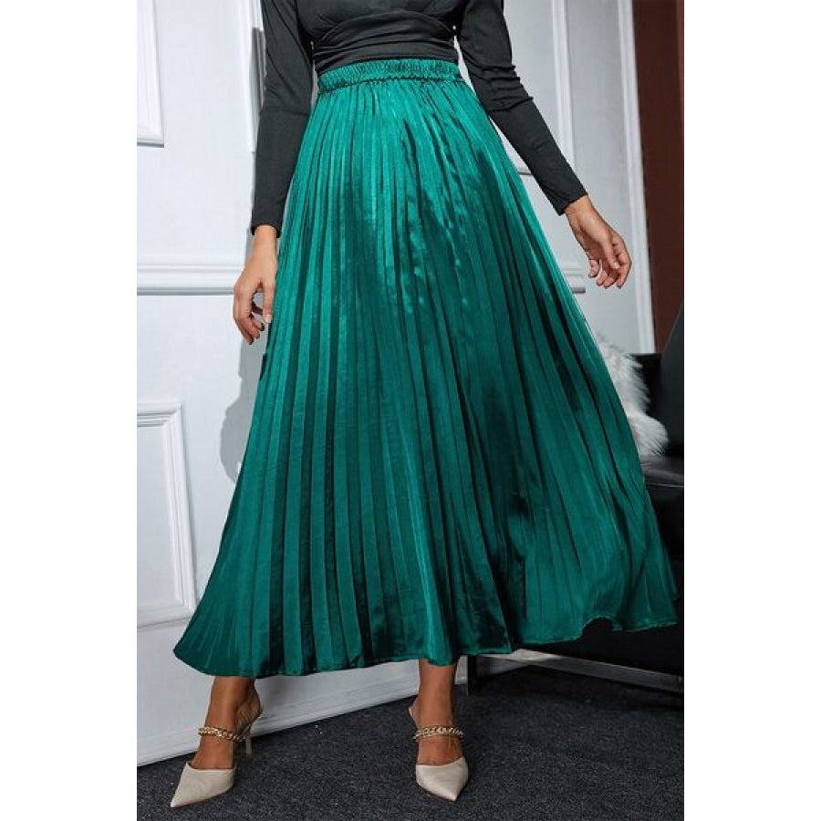 Pleated Elastic Waist Midi Skirt Teal / S Clothing