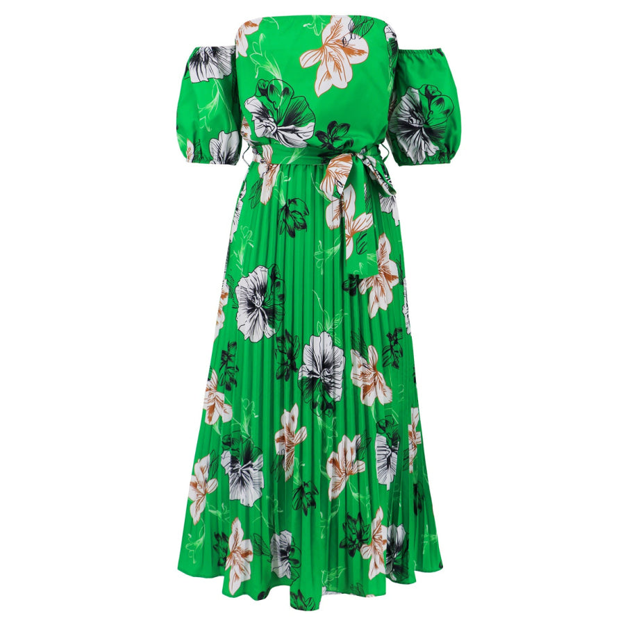 Pleated Floral Off-Shoulder Short Sleeve Midi Dress Apparel and Accessories