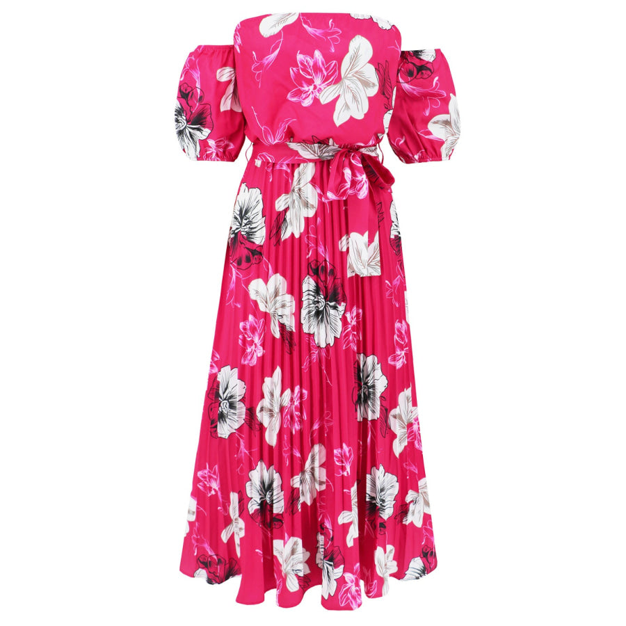 Pleated Floral Off-Shoulder Short Sleeve Midi Dress Apparel and Accessories