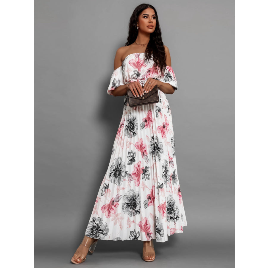 Pleated Floral Off-Shoulder Short Sleeve Midi Dress Apparel and Accessories