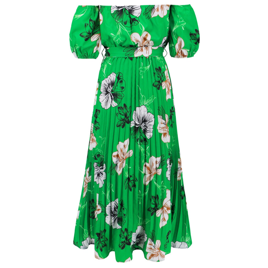 Pleated Floral Off-Shoulder Short Sleeve Midi Dress Apparel and Accessories