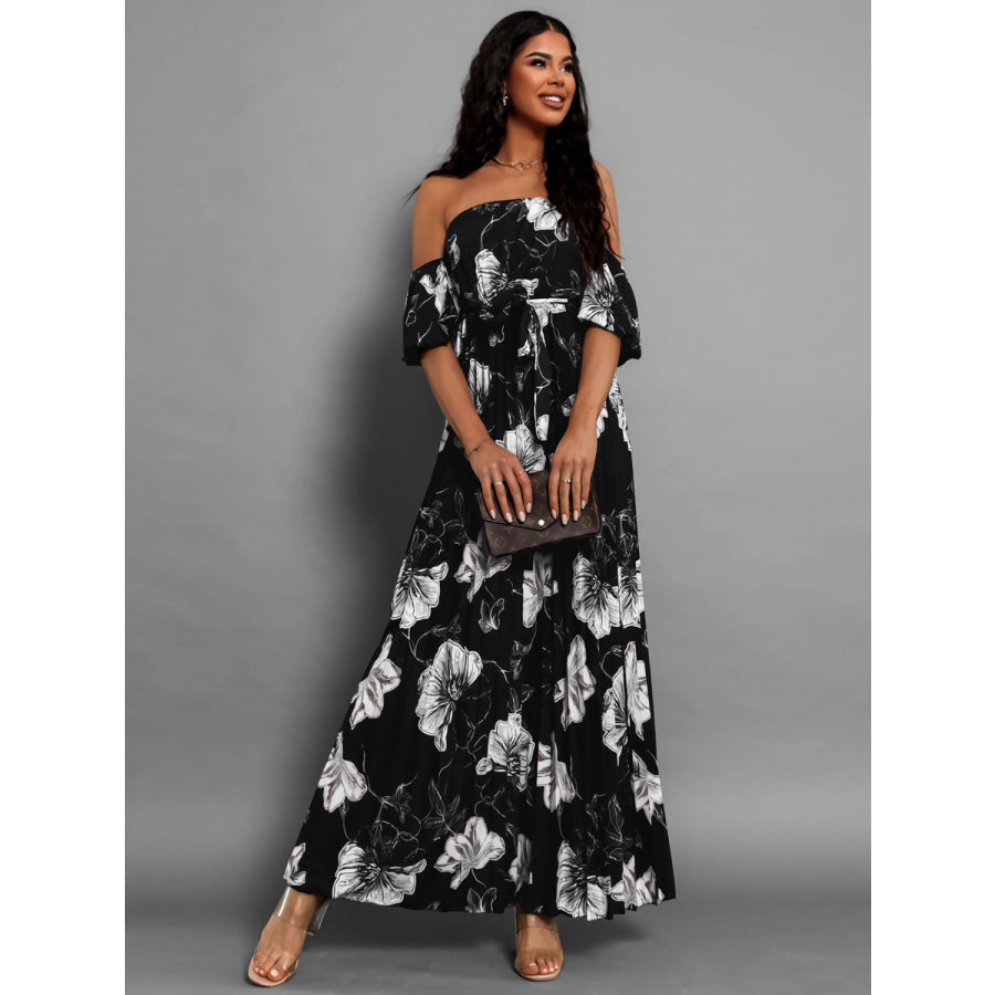 Pleated Floral Off-Shoulder Short Sleeve Midi Dress Apparel and Accessories