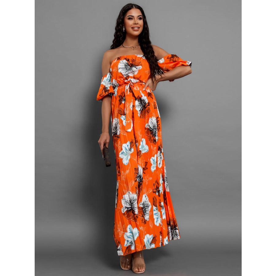 Pleated Floral Off-Shoulder Short Sleeve Midi Dress Apparel and Accessories