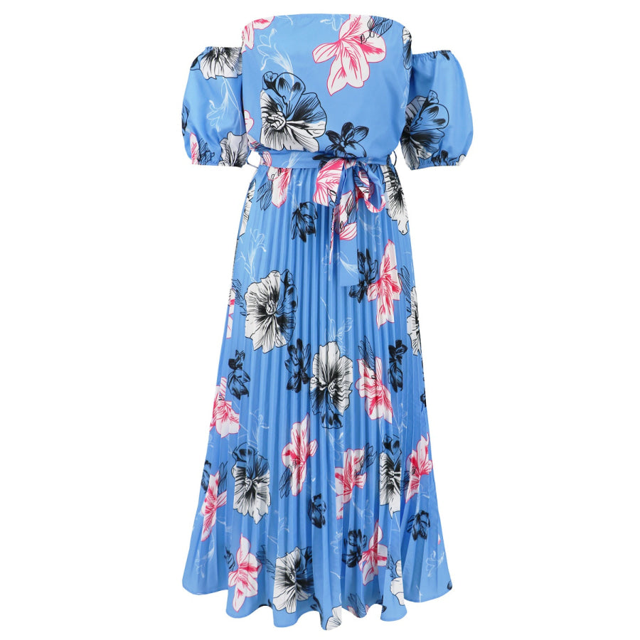 Pleated Floral Off-Shoulder Short Sleeve Midi Dress Apparel and Accessories