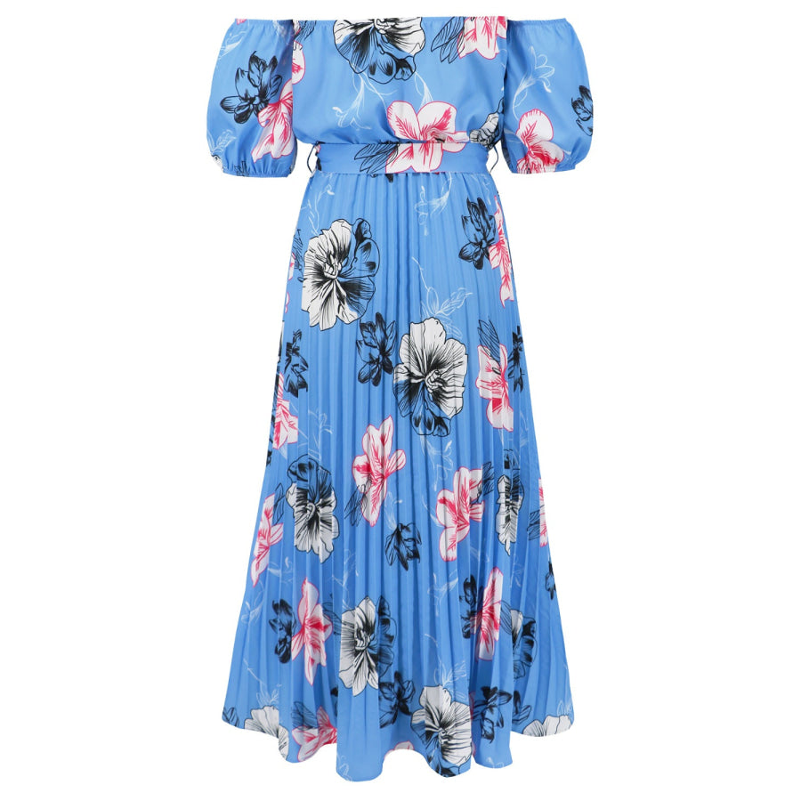 Pleated Floral Off-Shoulder Short Sleeve Midi Dress Apparel and Accessories