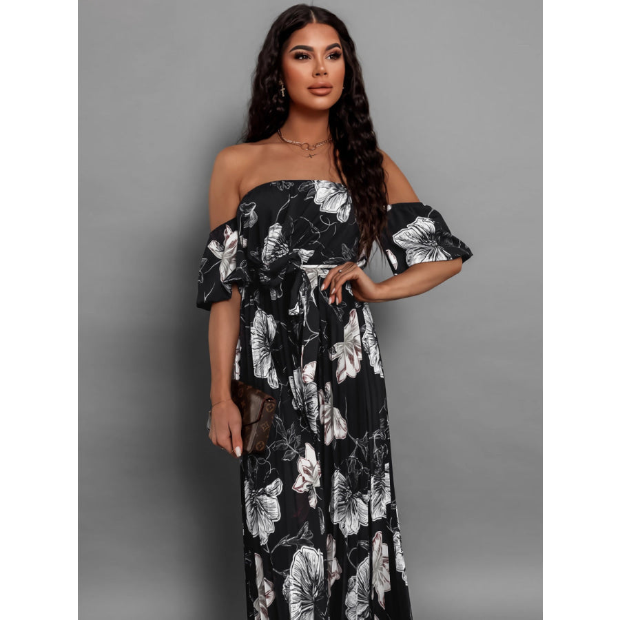 Pleated Floral Off-Shoulder Short Sleeve Midi Dress Apparel and Accessories