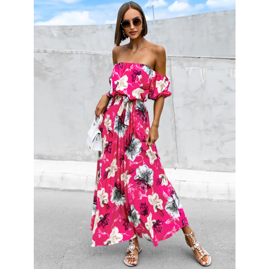 Pleated Floral Off-Shoulder Short Sleeve Midi Dress Apparel and Accessories