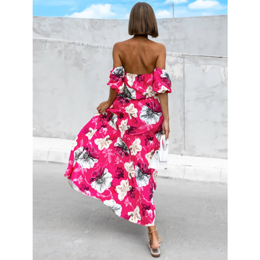 Pleated Floral Off-Shoulder Short Sleeve Midi Dress Apparel and Accessories