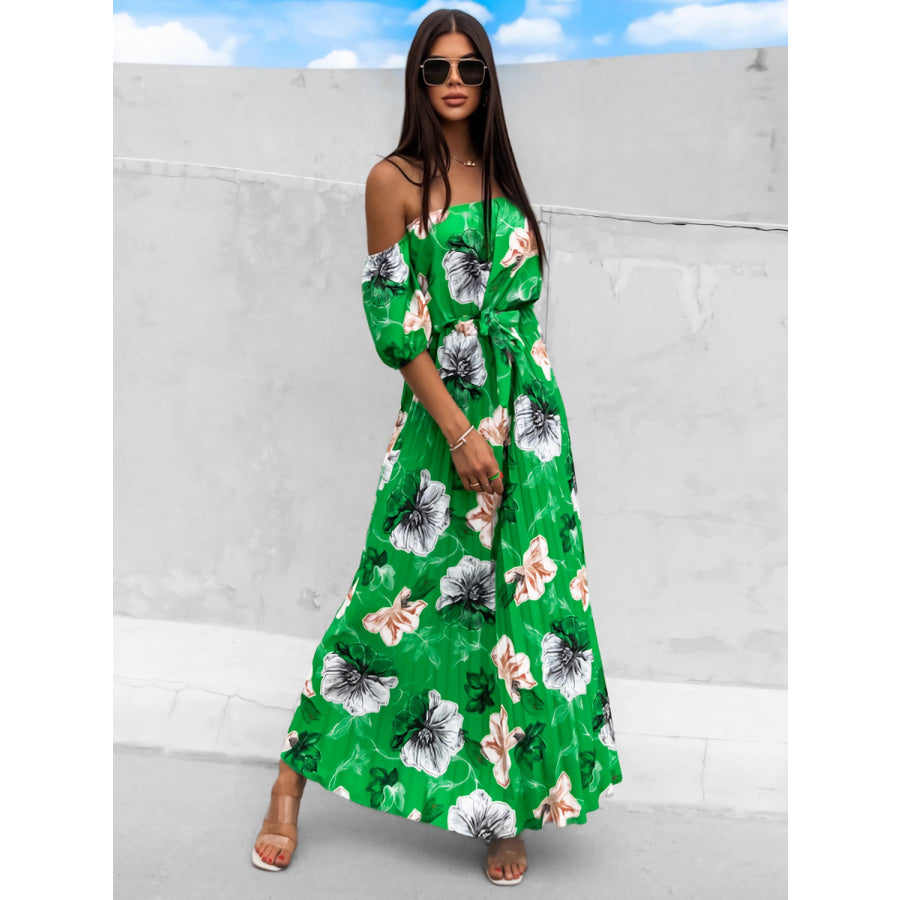 Pleated Floral Off-Shoulder Short Sleeve Midi Dress Apparel and Accessories