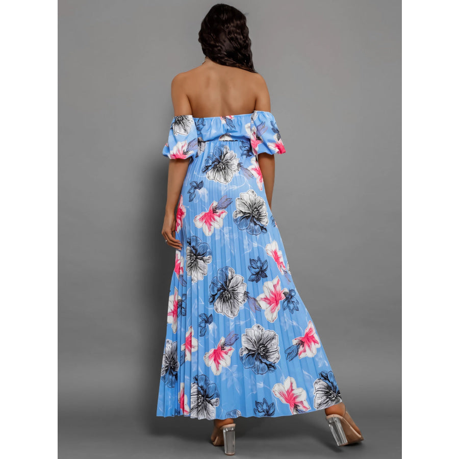 Pleated Floral Off-Shoulder Short Sleeve Midi Dress Apparel and Accessories