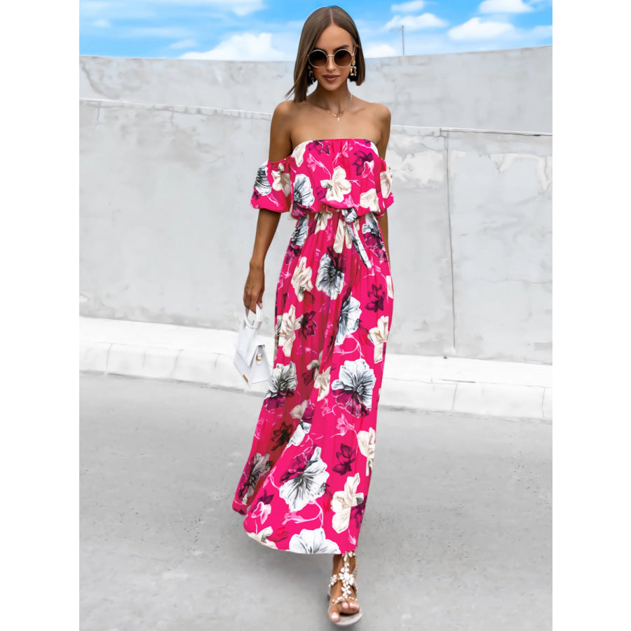 Pleated Floral Off-Shoulder Short Sleeve Midi Dress Apparel and Accessories