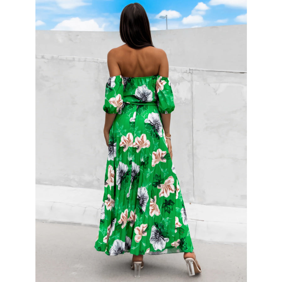 Pleated Floral Off-Shoulder Short Sleeve Midi Dress Apparel and Accessories